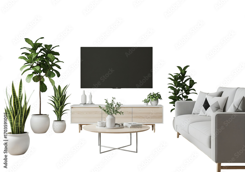 Fototapeta premium Interior design with sofa, TV, plants, and coffee table.