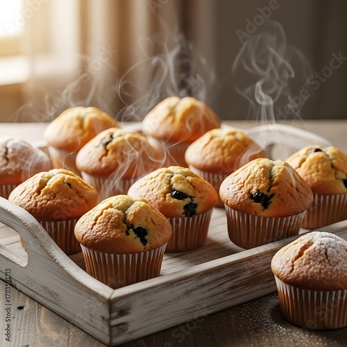 Aromatic blueberry muffins on a rustic tray, steam rising gently
