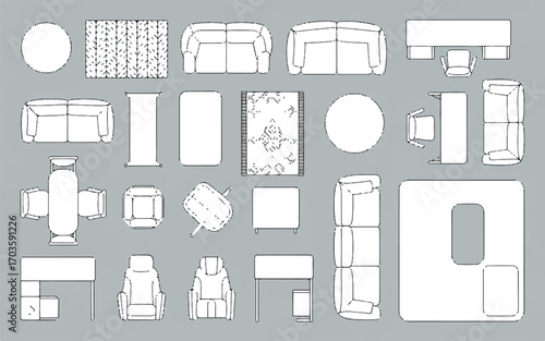 Top view of furniture and rugs for interior design layout plan