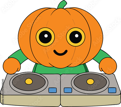 Funny cartoon pumpkin character djing music on turntables for halloween celebration party event vector