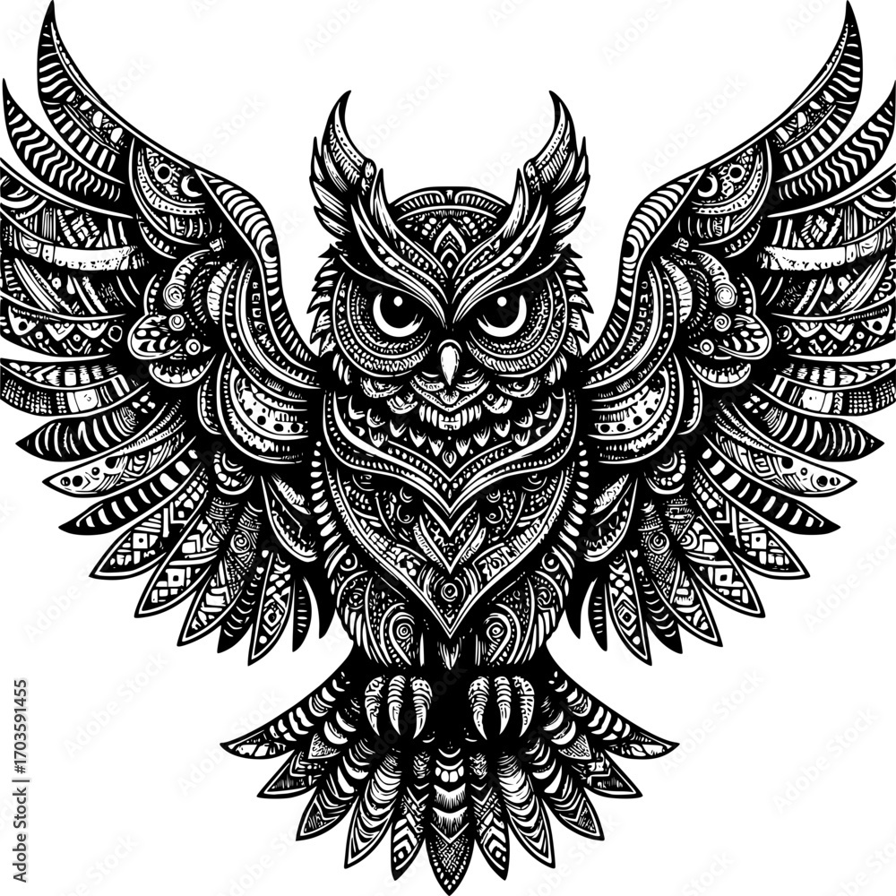 Obraz premium Mystical Owl: An artistic illustration of an owl, with its wings spread wide, showcasing intricate patterns, adding a sense of mystique and elegance.