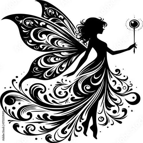 Enchanted silhouette: A delicate silhouette of a fairy gracefully poised, wand in hand, against a backdrop of swirling floral patterns.