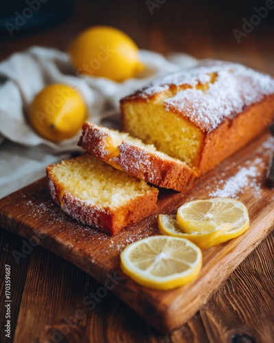 A loaf of lemon pound cake, dusted with powdered sugar, is sliced and presented on a wooden board alongside whole lemons and lemon slices
