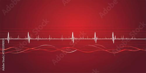 A dynamic cardiogram line illustrates a red heart's beat on an ECG monitor, a vital sign of health and cardiology