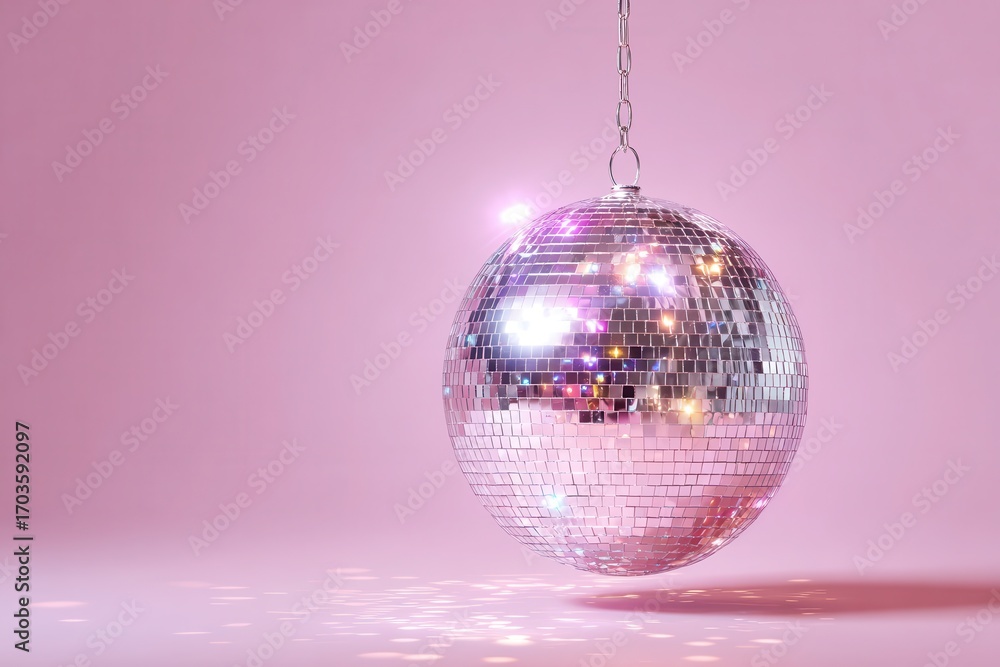 Fototapeta premium single disco ball hanging in front of a pastel pink background