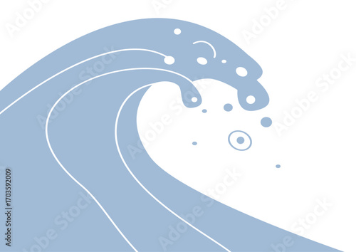 Blue ocean wave breaking with splash and drops. Dynamic water ripple. Stylized marine art for nature background or surfing concept.