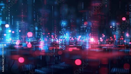 Futuristic cityscape at night, rendered in vibrant blues and reds, with glowing lights and digital elements suggesting a technological or data-driven environment