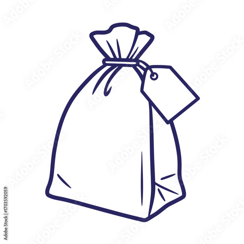 Simple outline of a tied sack with a blank tag for gift giving or retail purposes.