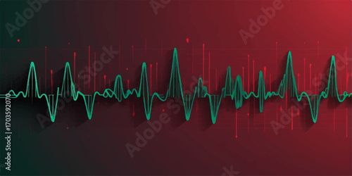 A medical graphic shows a pulsing red heartbeat line on a green electrocardiogram monitor, illustrating a healthy heart rate