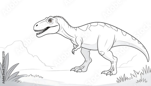Fototapeta Naklejka Na Ścianę i Meble -  A black and white line drawing of a Tyrannosaurus Rex in a prehistoric landscape, side view, looking alert