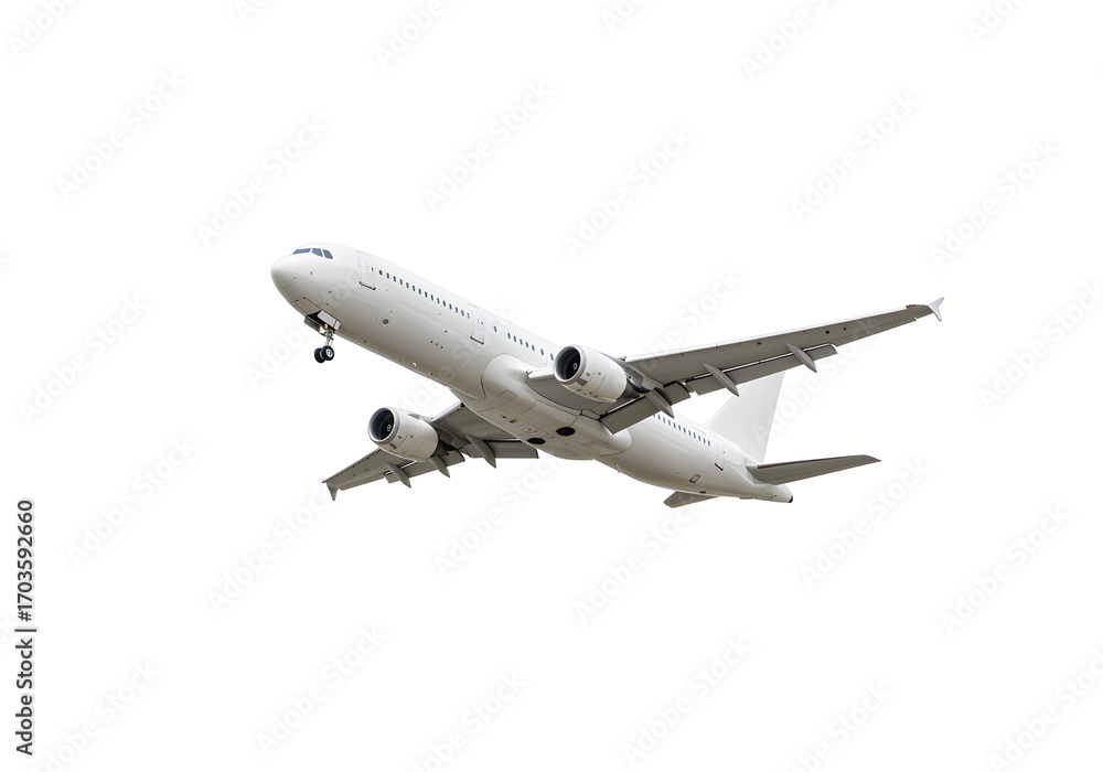 Fototapeta premium Airliner taking off against a bright white background, ready for travel
