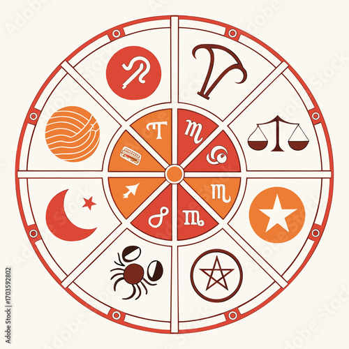 Vector art of astrological wheel featuring zodiac signs, celestial symbols, and planetary glyphs, representing the ancient practice of astrology and its influence on personality and destiny