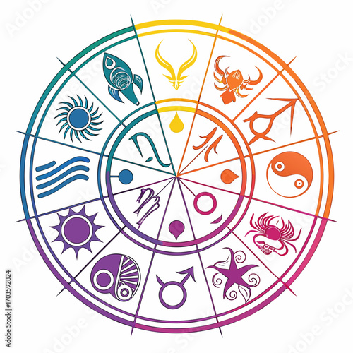 Vector art of astrology wheel featuring zodiac signs, planets, and elements in a colorful circular design, perfect for astrology enthusiasts and spiritual seekers