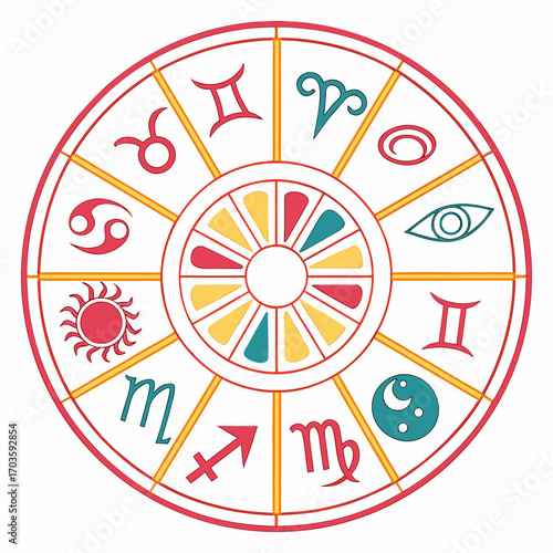 Vector art of astrology zodiac signs wheel horoscope circle with astrological symbols aries, taurus, gemini, cancer, leo, virgo, libra, scorpio, sagittarius, capricorn, aquarius, pisces