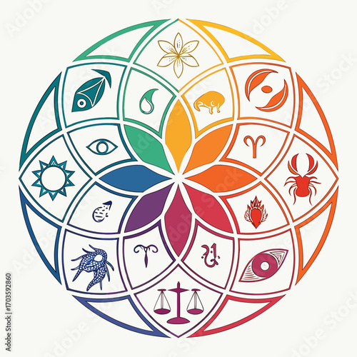 Vector art of astrology zodiac signs wheel horoscope circle with astrological symbols aries, taurus, gemini, cancer, leo, virgo, libra, scorpio, sagittarius, capricorn, aquarius, pisces