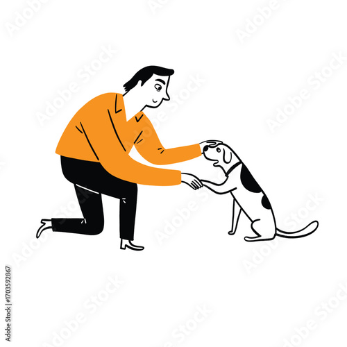A kind man kneeling down to gently pet a small, trusting dog, showing a moment of care and gentleness.