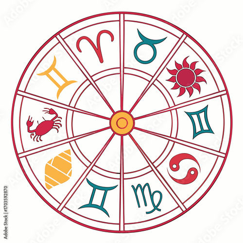 Vector art of astrology zodiac signs wheel horoscope circle with astrological symbols aries, taurus, gemini, cancer, leo, virgo, libra, scorpio, sagittarius, capricorn, aquarius, pisces