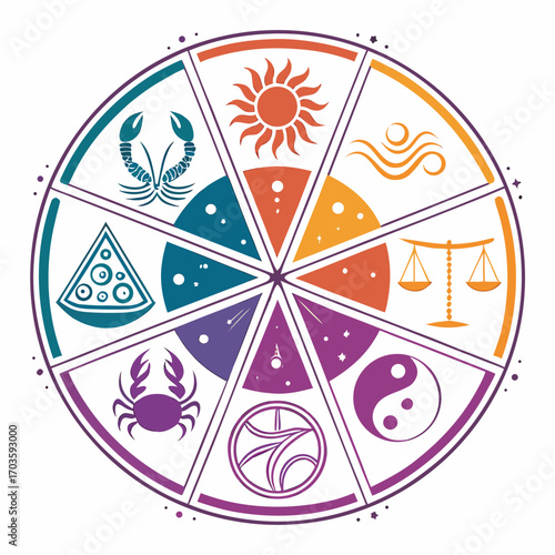 Vector art of a captivating illustration showcasing a wheel adorned with diverse symbols, each representing a unique element or concept, the wheels design is intricate and visually appealing