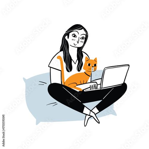 Woman working from home on her laptop with her loyal cat companion sitting beside her on a pillow.