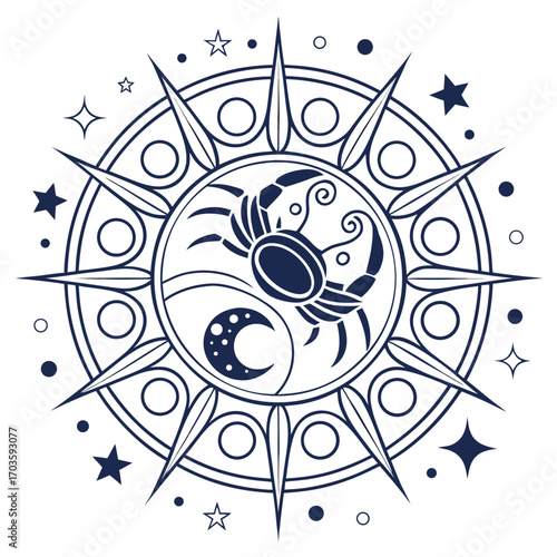 Vector art of zodiac sign cancer in a celestial mandala, showcasing a stylized crab, stars, and moon phases, blending astrological symbolism with intricate design elements