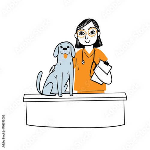 Professional female veterinarian with a stethoscope examining a calm dog during a medical check-up at the clinic.