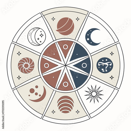 Vector art of circular celestial chart featuring planets, stars, and cosmic symbols, creating a mystical and astrological design with earthy tones and intricate details