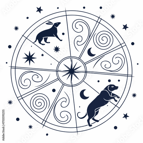 Vector art of zodiac wheel with animals featuring a rabbit and a dog, this celestial design captures the essence of astrology and the whimsical nature of the cosmos