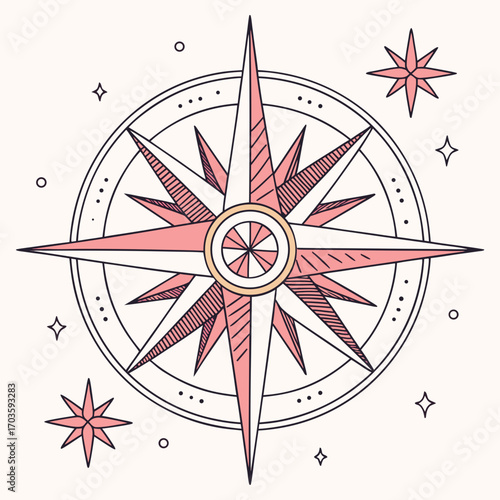 Vector art of elegant compass rose illustration, showcasing a minimalist design with delicate details and a modern aesthetic, perfect for adding a touch of sophistication