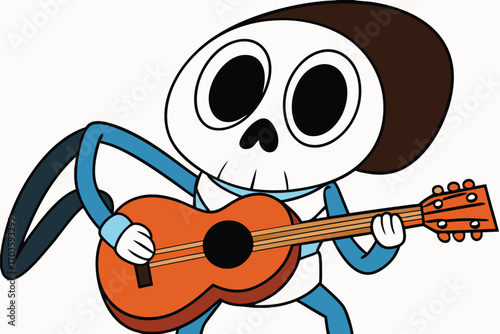 Cheerful cartoon skeleton rockstar playing acoustic guitar with joyful expression and funky vibe for creative projects vector