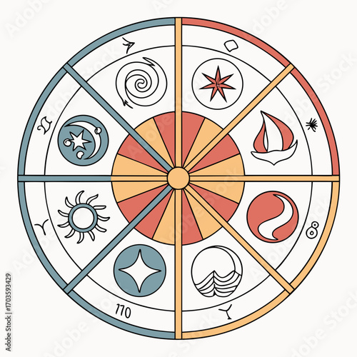 Vector art of an intricate wheel of fortune illustration, featuring a mix of astrological and elemental symbols, perfect for adding a touch of mystery to any design project