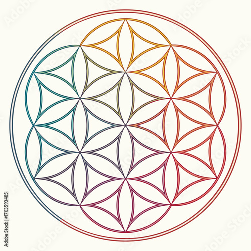 Vector art of flower of life symbol with rainbow gradient sacred geometry, ancient symbol spiritual and mystical sign harmony and balance vector illustration