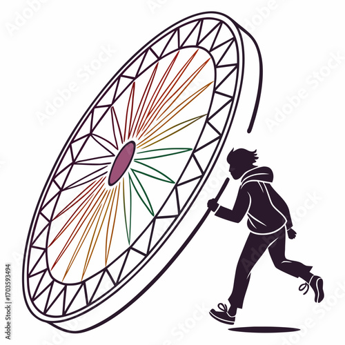 Vector art of boy playing with a hoop child rolling a hoop, vintage game kid having fun with a toy retro activity vector illustration, black and white