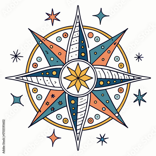 Vector art of a whimsical handdrawn compass rose with stars and planets, this playful design evokes a sense of adventure, exploration, and cosmic wonder