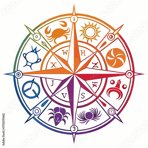 Vector art of colorful zodiac wheel astrological chart with signs of the zodiac horoscope circle with symbols vector illustration of astrology wheel with zodiac signs
