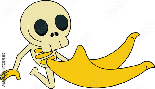 Humorous skeleton slipping unexpectedly on a bright yellow banana peel cartoon character vector