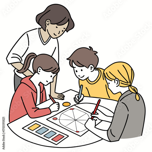 Vector art of a teacher is guiding three diverse students as they play a board game together, they are focused on the game, using pencils and markers to make their moves