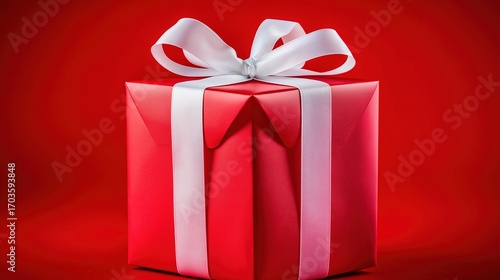 Red gift box with white ribbon and bow, centered product shot on clean background.