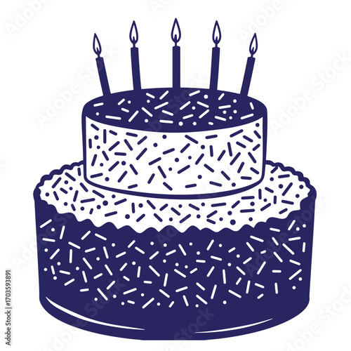 Two-tiered birthday cake decorated with sprinkles and lit candles on a white background