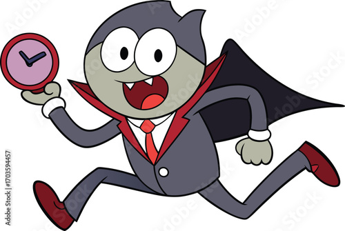 Funny cartoon vampire running late holding a clock with open mouth and exaggerated expression on vector