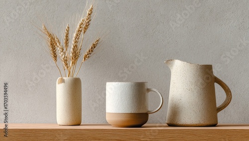 A minimalist still life featuring a beige mug, a matching pitcher, and a small vase with wheat stalks, all arranged on a light wood shelf against a neutral textured backdrop