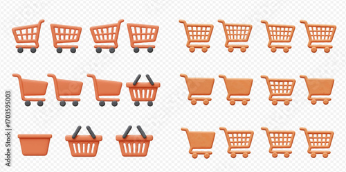 Illustration of various orange shopping carts and baskets, presented in different styles and arrangements on a transparent background.
