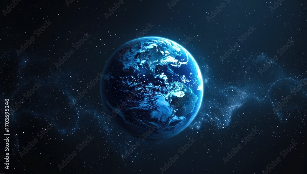 Obraz premium A digitally enhanced image of planet Earth, seen from space, glowing with a blue hue against a dark, starry backdrop, featuring nebula-like clouds of cosmic dust