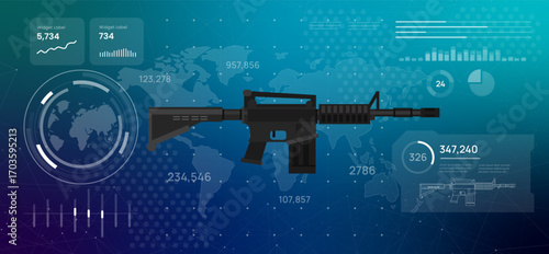 Futuristic digital dashboard displaying global data rifle weapon military statistics icon high-tech illustration visualizing defense systems military strategy security technology concepts