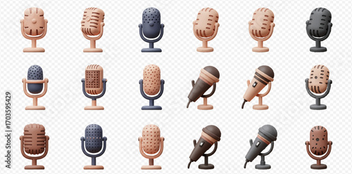 Collection of stylized microphone icons in various colors and designs arranged on a transparent background.