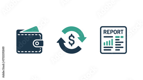 Wallet dollar sign and report icons symbolizing financial transactions budget and analysis