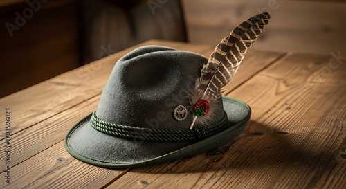 A traditional green Alpine felt hat with a decorative feather, a symbol of German and Austrian culture, resting on a rustic wooden table