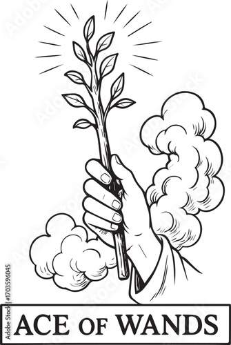 tattoo design of ace of wands tarot card with hand holding branch