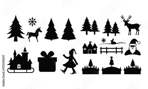 Christmas silhouette bundle Santa, reindeer, sleigh, trees, gift, skater