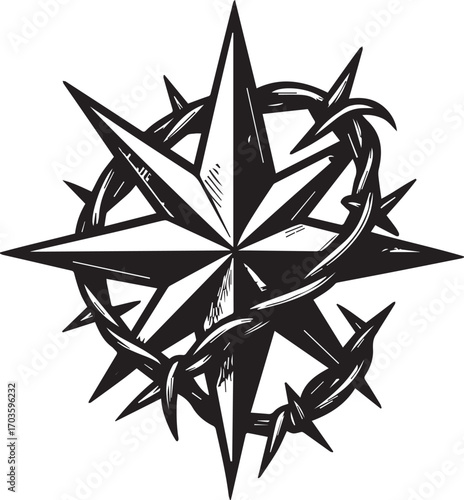 tattoo design of compass rose with barbed wire circle