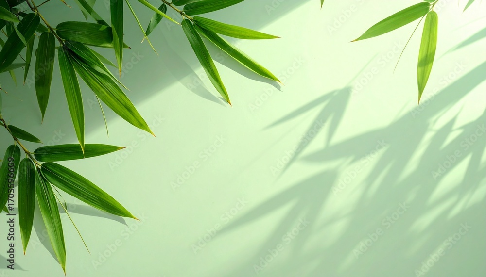 Fototapeta premium Light green background with copyspace and bamboo leaves aside, plant shadows on the wall. 